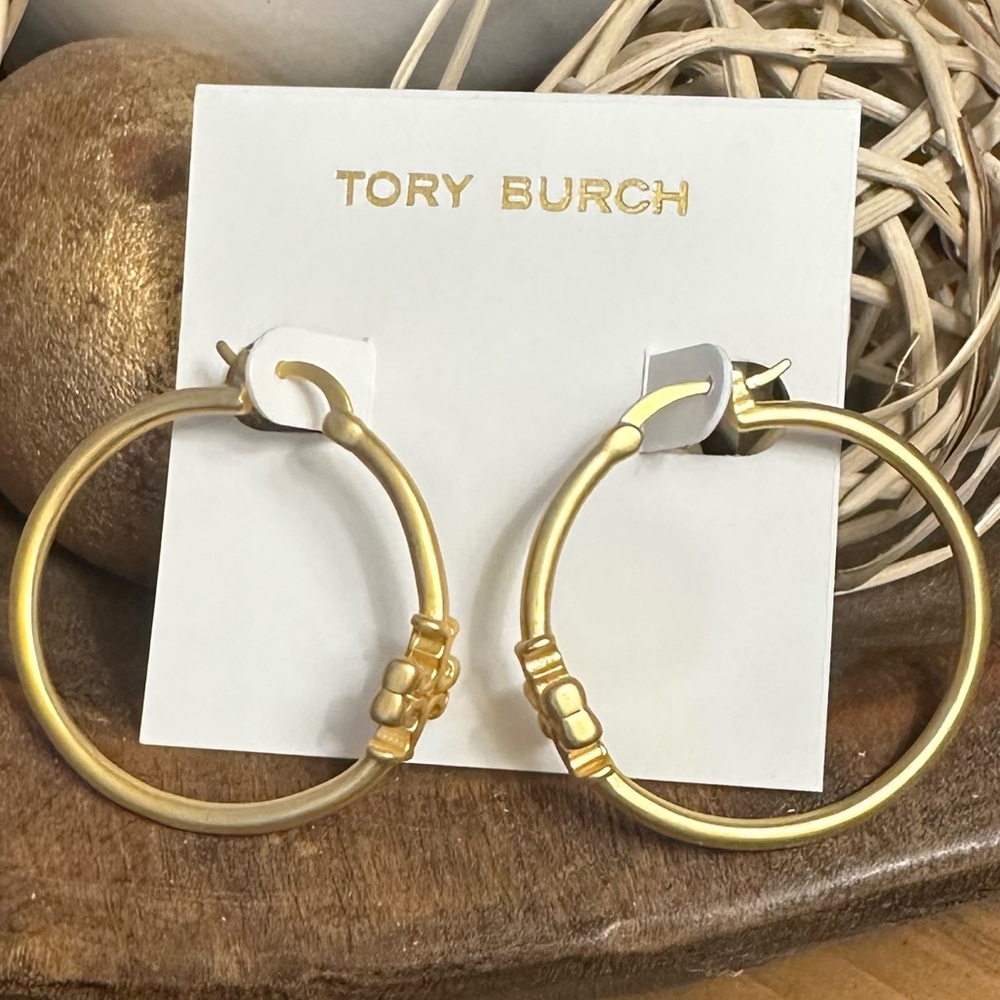 Tory Burch Kira Matte Gold Hoop Earrings - Picture 3 of 4